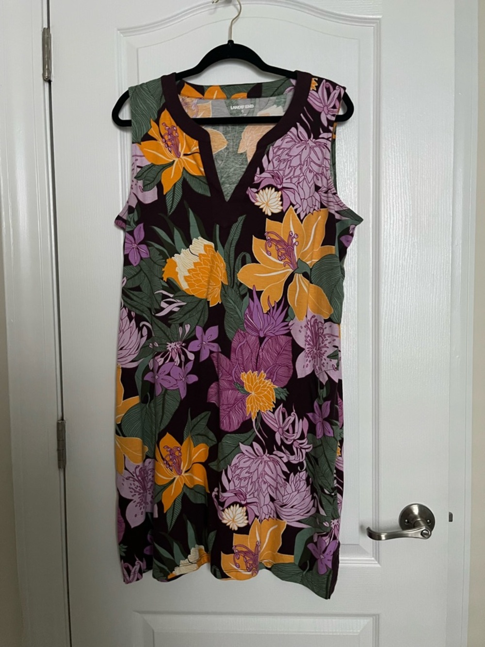 Lands' End Sleeveless Floral Shift Dress in Purple, Mustard & Green